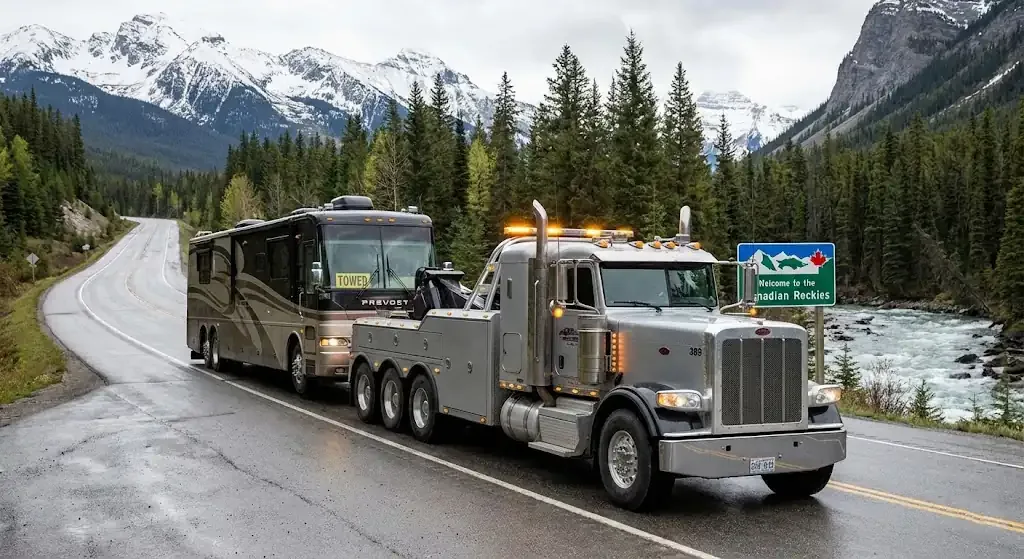 Regina heavy-duty tow truck with RV in transport