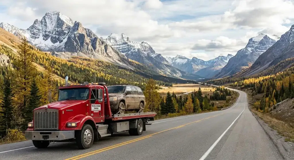 long-distance tow truck on a Regina highway corridor