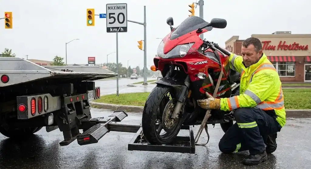 Regina motorcycle being safely loaded for transport